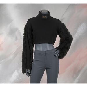 Hera Women's Black Cropped Sweater Fringed Sleeves Size M Glam Futuristic